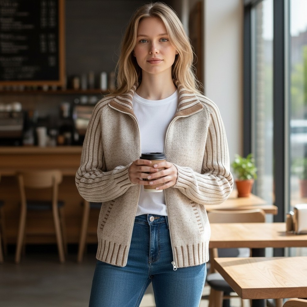 Kenji Natural Full Zip Cardigan Womens L Beige Brown Cotton Ribbed Knit Sweater